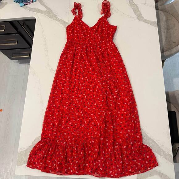 Madewell Ruffle Strap Wrap Dress Women's 4 Metallic Striped Prairie Posies Red - Picture 1 of 8